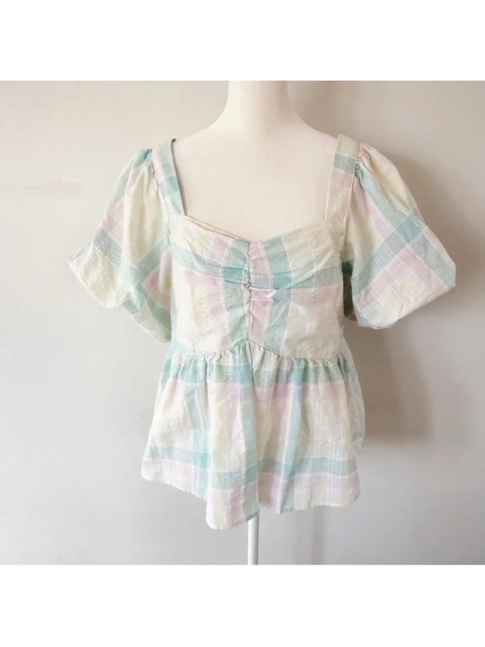 Old Navy Women Pastel Plaid Puff Sleeve Top Large Tall Peasant Cottage Milkmaid